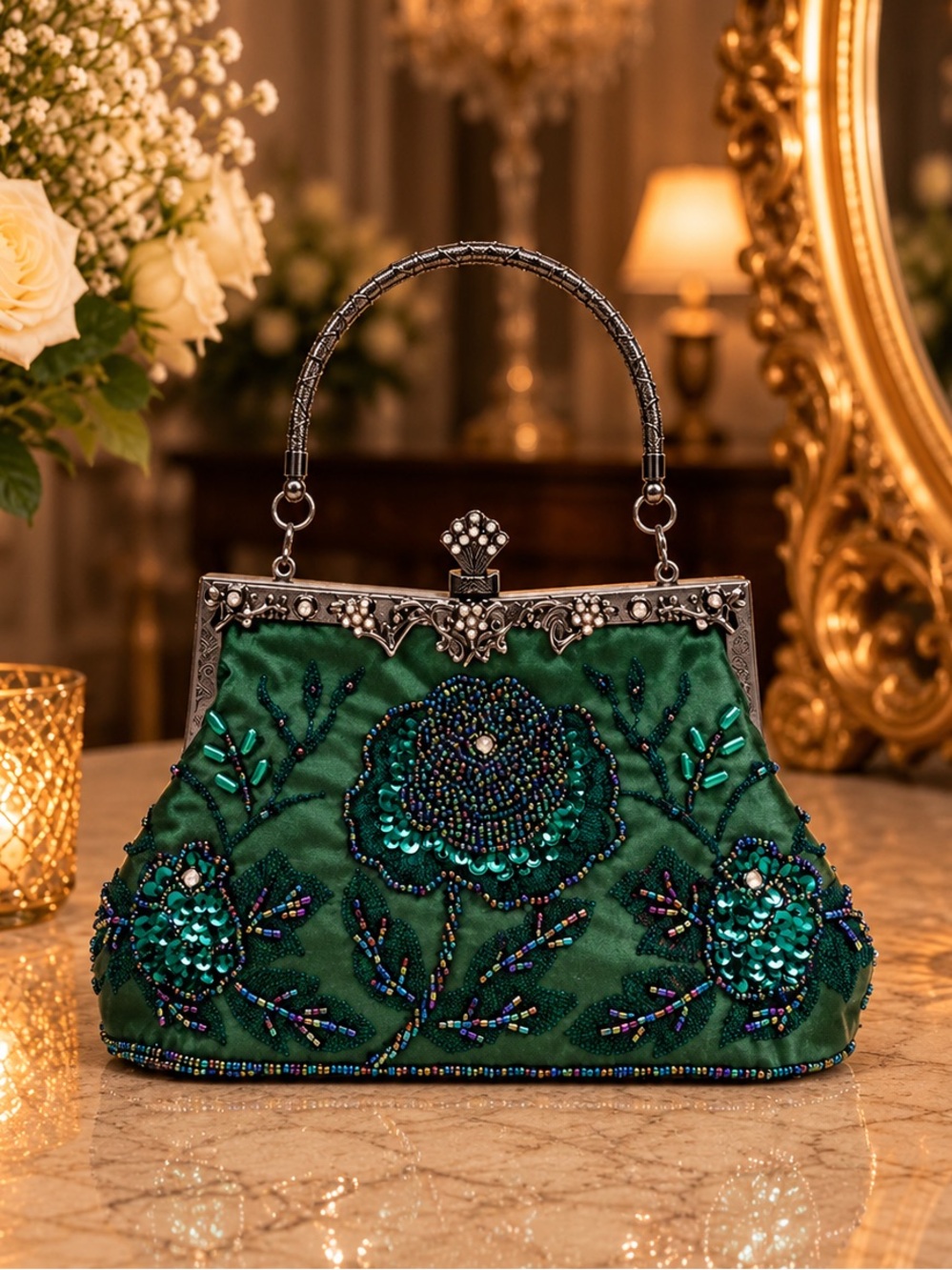 Dedire ~ Embroidered Emerald Evening Clutch with Beaded Detail